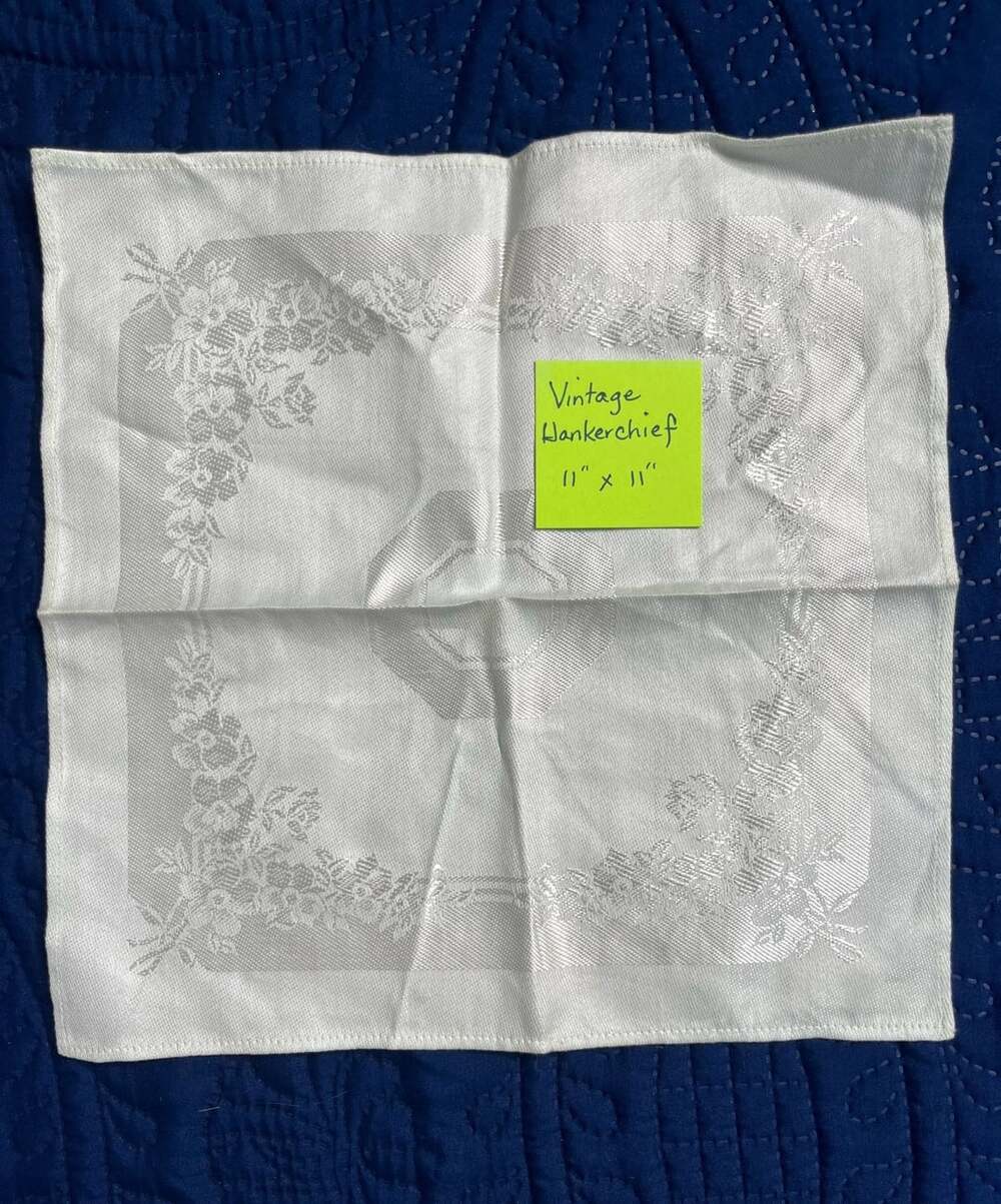 Vintage Handkerchief 11" x 11" White Floral Damask